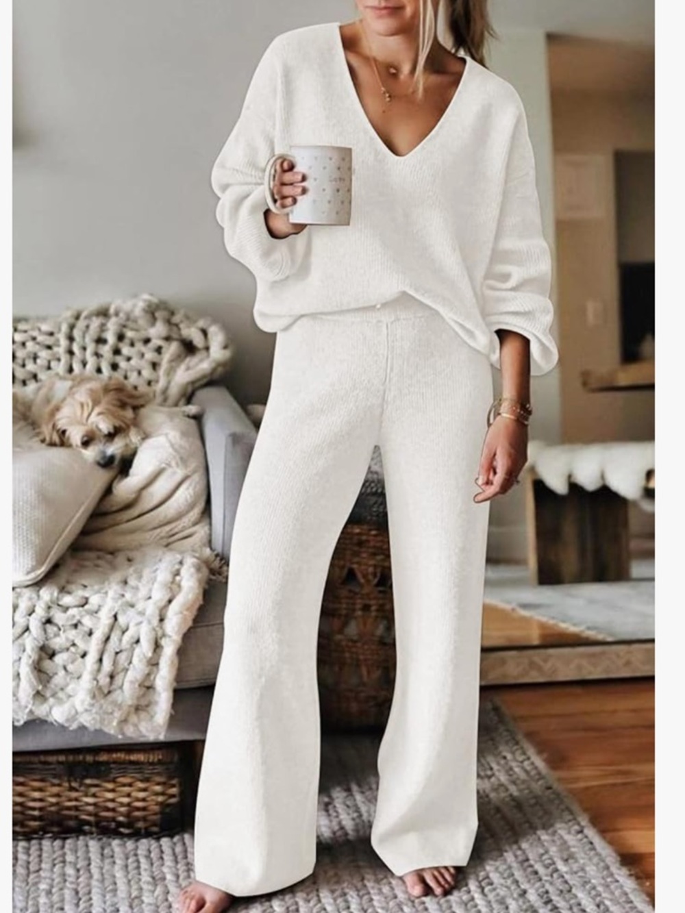Women’s Soft Cream 2-Piece Knit V-Neck Wide-Leg Pants Lounge Set | Medium